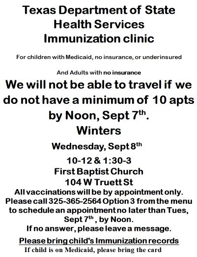 Sept 2021 Immunization Clinic - Winters